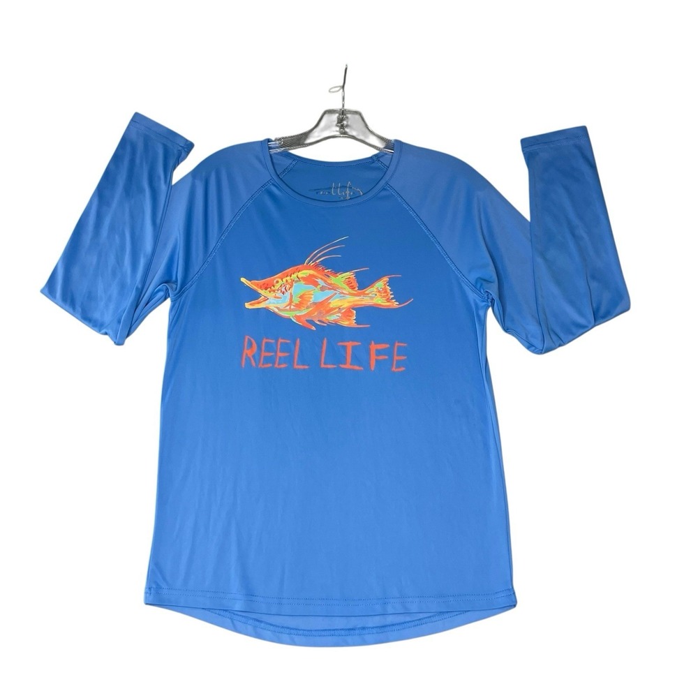 Reel Life Long Sleeve Rash Guard Blue Womens L UV Swimwear Beach Fishing Coastal